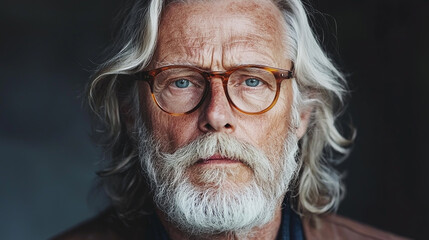 Distinguished Elderly Man with Glasses and Long White Beard, Portrait Photography