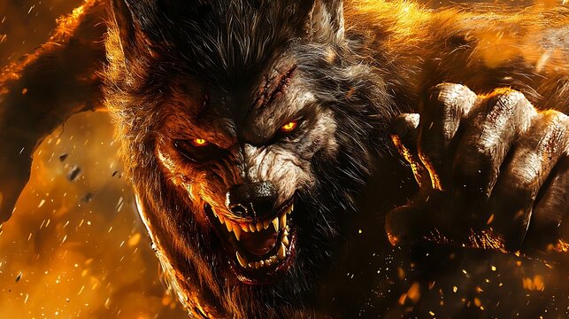 Ferocious Werewolf: A chilling close-up of a monstrous werewolf, its eyes blazing with fury as it lunges forward with bared fangs against a backdrop of flickering flames.  