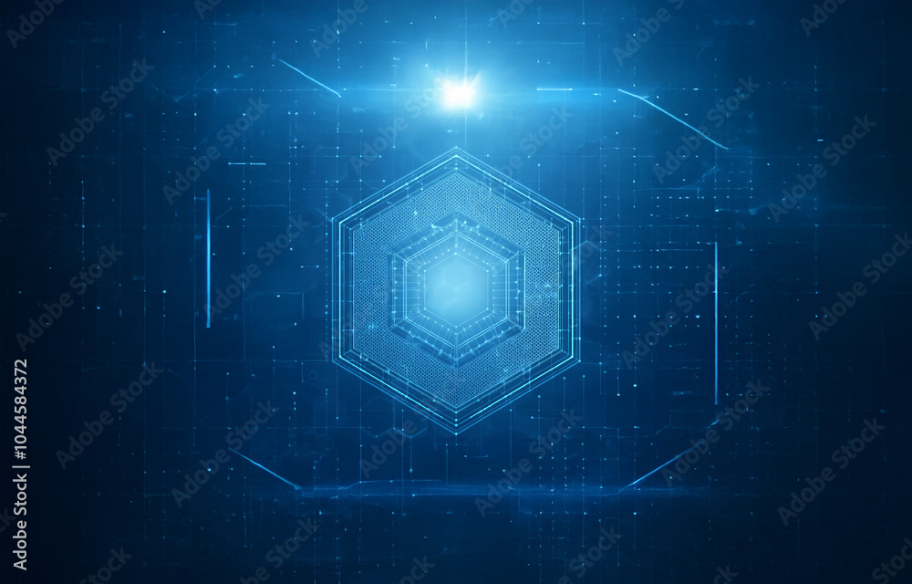 Wall mural a glowing hexagonal pattern sits in the center of a blue digital background.