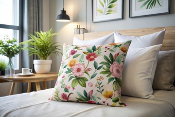 A bed with a floral pillow and a lamp on a table