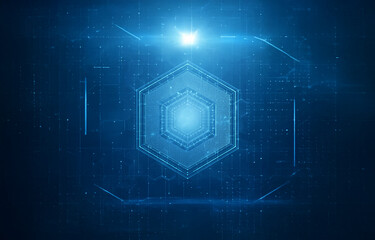 A glowing hexagonal pattern sits in the center of a blue digital background.