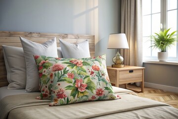 A bed with a floral pillow and a lamp on a table