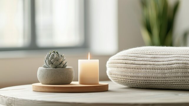 Peaceful meditation corner with cushions and candles. Calming practice of mindfulness as a personal retreat in a serene indoor setting. Perfect for wellness, relaxation, and mental clarity concepts.
