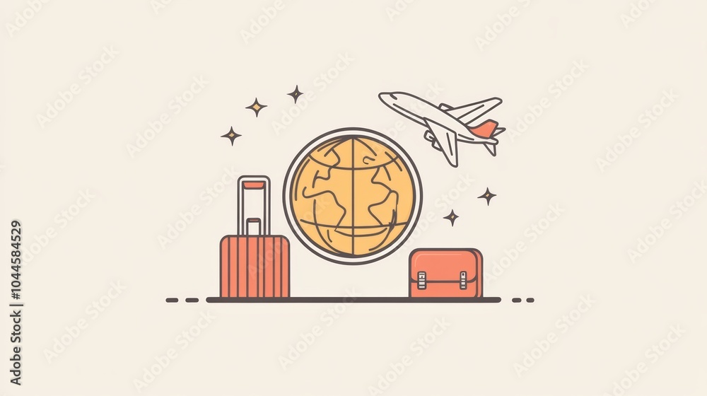Poster a globe sits at the center, while an airplane flies above, accompanied by two suitcases, representin