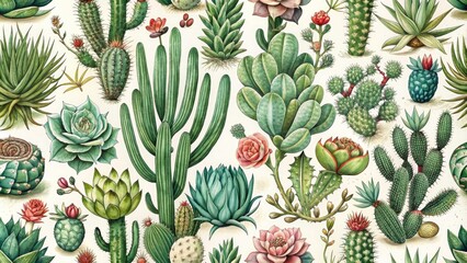 Fototapeta premium Vintage Style Cacti and Succulents Pattern Illustration on White Background - Retro Botanical Design for Home Decor, Textiles, and Stationery with Natural Elements