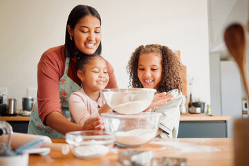 Mother, smile and baking with children in home for help, support and parent teaching to cook. Flour, woman and happy with kids in kitchen for ingredients, preparation and learning recipe on weekend