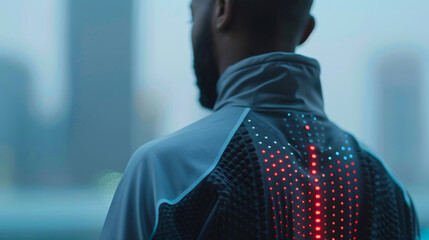 Futuristic smart clothing with advanced body temperature regulation worn by individual in urban setting showcasing innovative wearable health technology for continuous wellness monitoring