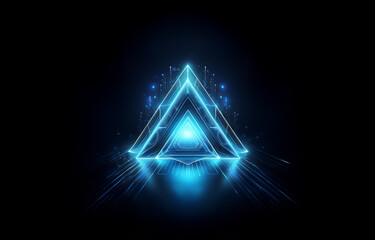 A glowing blue triangular prism with intricate details stands out against a dark background.  The prism casts a reflection on a smooth, reflective surface.