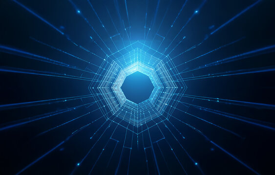 An abstract image of a glowing blue hexagonal portal surrounded by glowing blue lines on a black background.