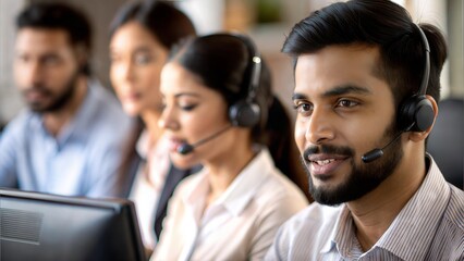 An Indian call center supervisor monitoring staff and assisting team members in a busy call center.
