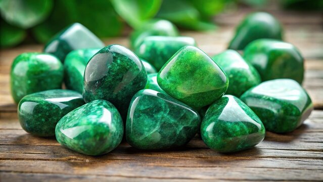 Mystical healing crystals on table with verdite green gemstones