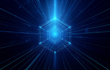 A glowing blue hexagonal structure with radiating lines and particles against a dark background.