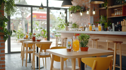 Modern Cozy Caf&eacute; Interior with Wooden Furniture and Green Plants for a Relaxed Atmosphere