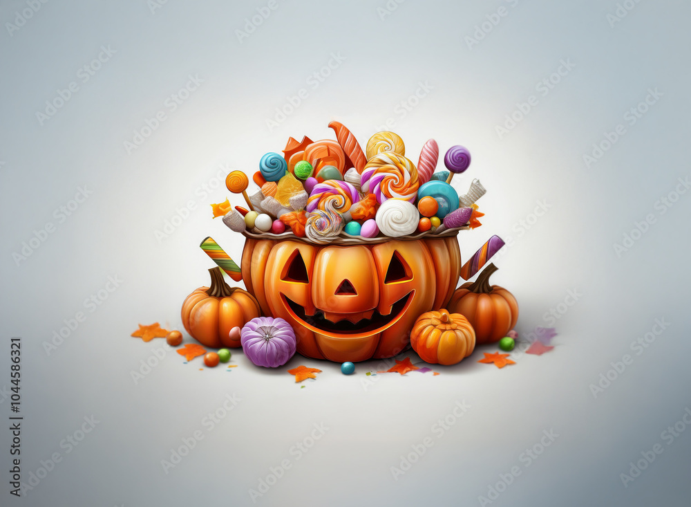 Poster A jack-o'-lantern overflowing with colorful candies, surrounded by smaller pumpkins and scattered autumn leaves on a light gray background.