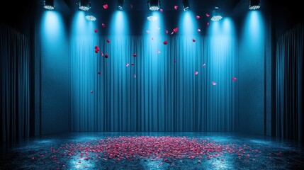A dimly lit stage with blue lighting and scattered rose petals, suggesting a romantic or theatrical setting.