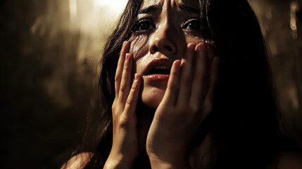 woman with wet hair looks terrified, gripping her face with her hands in dimly lit environment. scene conveys strong sense of fear and vulnerability
