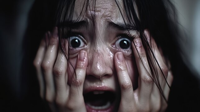 Close-up of a woman with wet hair and wide, fearful eyes, holding her face, expressing intense fear and panic.