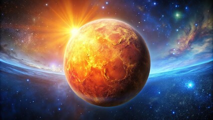 Fototapeta premium Mystical orange planet in starry sky radiating cosmic wonder