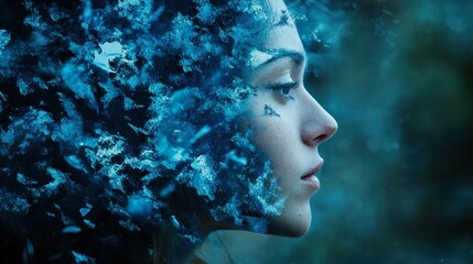 Woman's Face Covered in Blue Abstract Patterns - Artistic Portrait