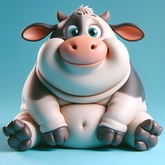 Naklejka premium a 3D cartoon of a pudgy, grinning cow sitting like a dog