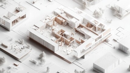 A minimalist architectural model showcasing interior layouts and spaces.