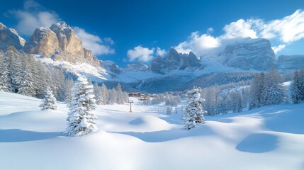 Winter Ski Resort high quality photo. Mountains and forest trees, vail snowy landscape. Family holidays vacation background.
