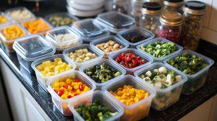 Obraz premium Efficient meal prep tupperware containers filled with healthy foods for an organized week