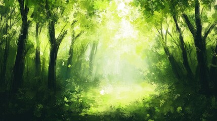 Obraz premium Lush Green Forest with Sunlight Streaming Through Trees