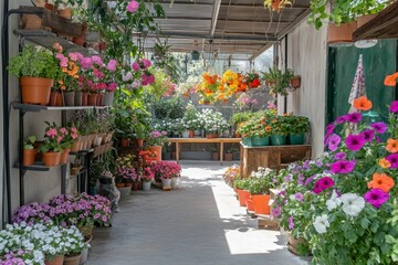 Fototapeta premium A flower shop with various colorful flowers in pots on a sunny day.
