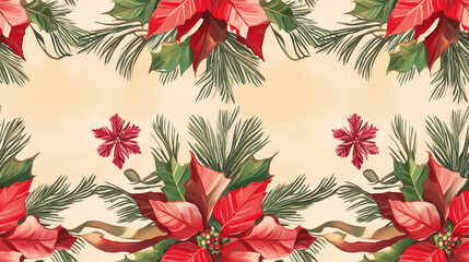 Christmas seamless pattern featuring red poinsettias.Timeless festive pattern for printing on fabric,wrapping paper or creating holiday wallpaper.