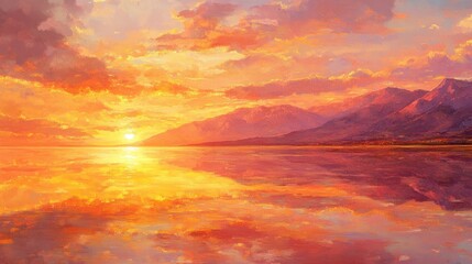 Fototapeta premium Serene Sunset Over Mountains and Calm Water