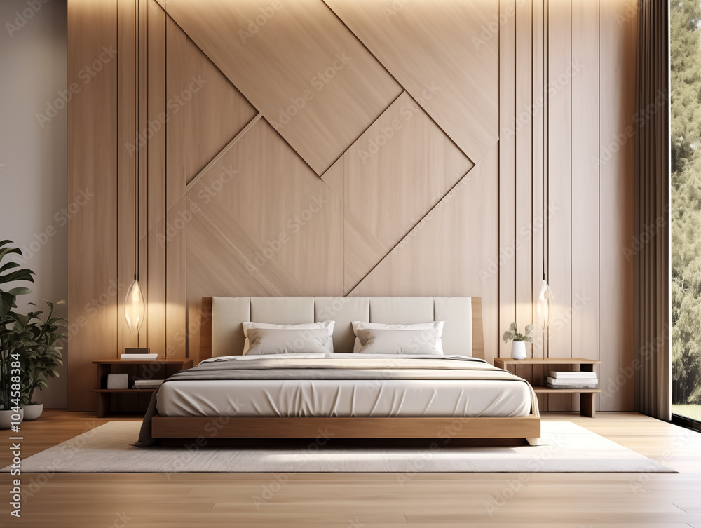 Wall mural living room interior in modern minimalist style with wooden panneling. neutral and light colors inte