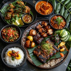 A spread of Asian cuisine, including grilled meats, vegetables, and rice, served on a banana leaf.