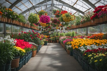 Colorful flowers arranged in rows in a greenhouse.