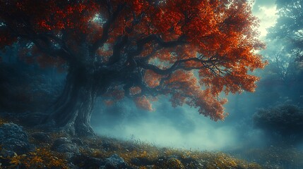 Obraz premium A large, ancient tree with vibrant red leaves stands tall in a foggy forest.
