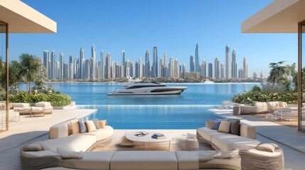 Fototapeta premium Inviting Cityscape with Luxury Homes and Serene Waters