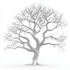 Big white tree without leaves on a white background