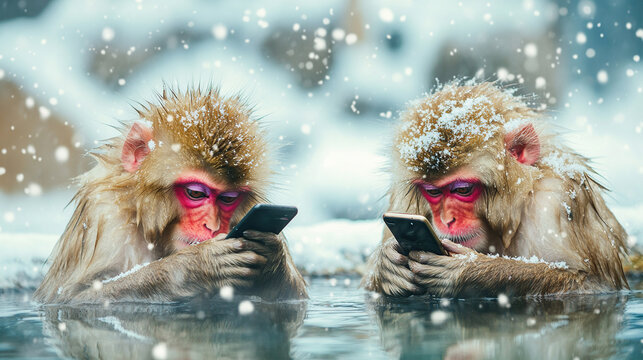 Two Japanese macaques with phones in hot springs, Phone addiction