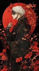 Elegant Man in a Black Kimono with a Mask and Flowers