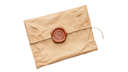 An aged envelope tied with twine, featuring a red wax seal, suggesting a vintage or formal correspondence.