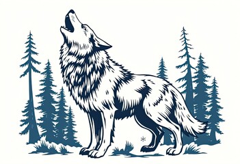 Siberian Wolf Howling at the Moon Silhouette Vector on White Background - Wildlife Nature Emblem Clip Art. AI generated