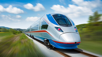 A sleek, silver highspeed train races through a green, rolling landscape under a bright blue sky with fluffy white clouds. The trains speed is emphasized by the motion blur of the surrounding scenery.