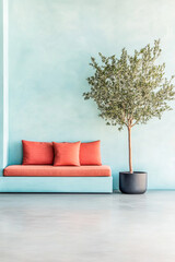Modern minimalist living room with a blue wall, coral cushions, and a potted olive tree