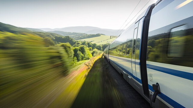 A highspeed train rushes through a picturesque landscape, with rolling green hills and lush vegetation blurred by the motion of the train.