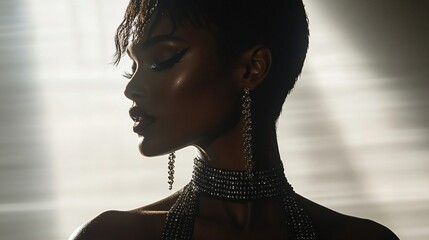 A photo shoot in which the model wears long diamond earrings, a diamond necklace, and has a light shining on her back.
