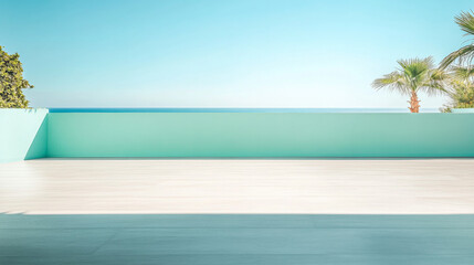 Fototapeta premium Tranquil ocean view from a serene rooftop terrace with palm trees under a clear blue sky