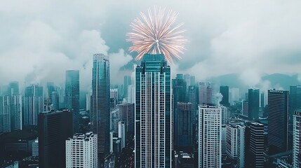 Fototapeta premium Spectacular fireworks illuminate the city skyline a stunning display over urban architecture in a cloudy night sky