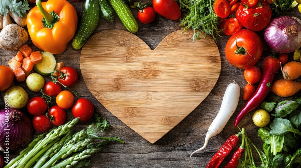 Sticker Fresh Vegetables Arranged Around Heart-Shaped Cutting Board