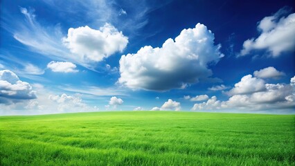 Obraz premium Nature landscape with green grass field, blue sky and white clouds