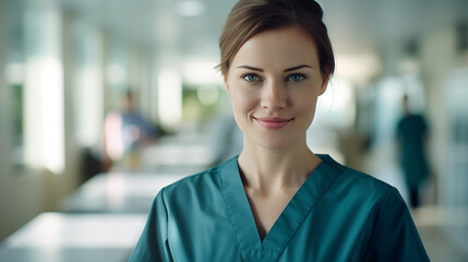 Fototapeta premium Nurse. Female nurse. Beautiful girl doctor. Medical worker in the hospital. Healthcare. Medic uniform. Woman portrait. Generate AI